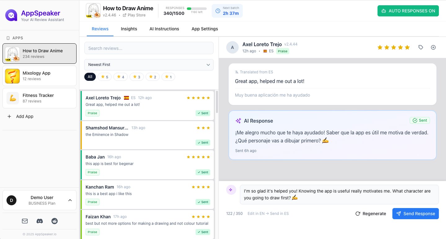 AppSpeaker dashboard showing AI-powered review reply generation